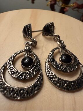 Vintage Black Enamel and Silver Double Hoop Drop Earrings